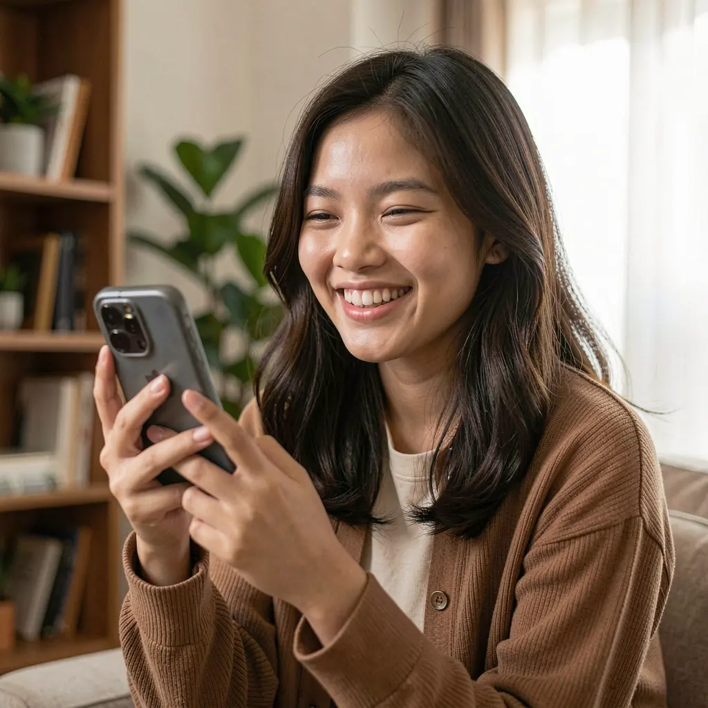 Smiling Malaysian woman enjoying mobile gaming with the i2cuci app in a comfortable indoor setting