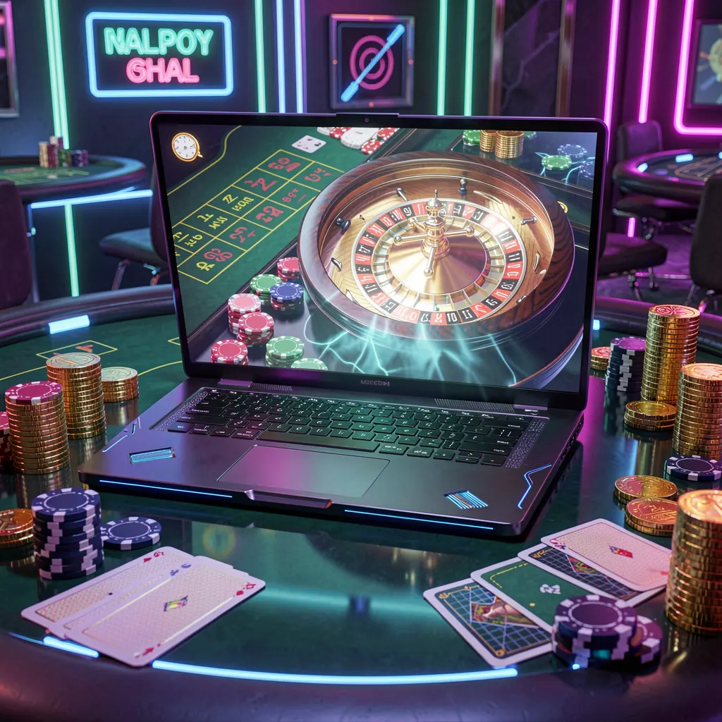 i2cuci – Experience high quality online casino games for Malaysian players Stylish online roulette gameplay on a laptop surrounded by stacked casino chips and glowing coins illustrating premium digital casino action at i2cuci Malaysia